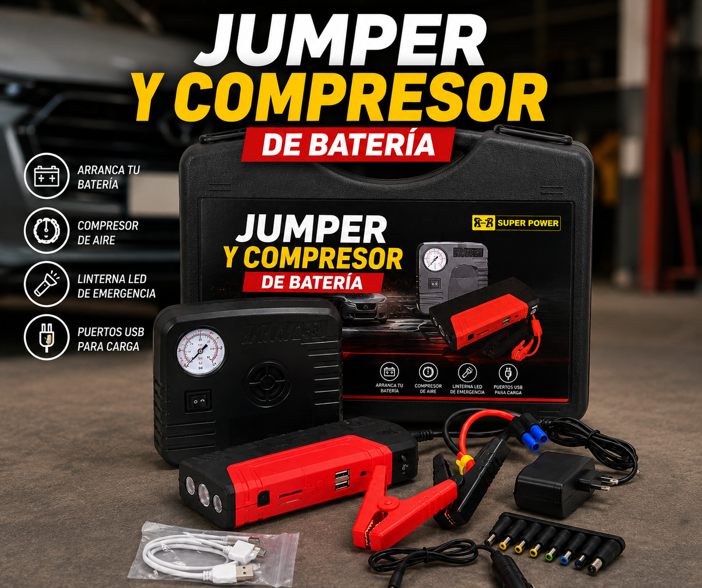🚗JUMPER Y COMPRESOR DE BATERÍA