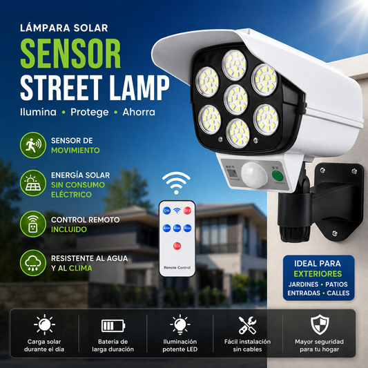 LÁMPARA SOLAR LED CON SENSOR DE MOVIMIENTO Y CONTROL REMOTO