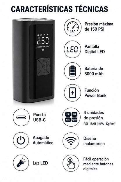 COMPRESOR DE AIRE DIGITAL PORTÁTIL
